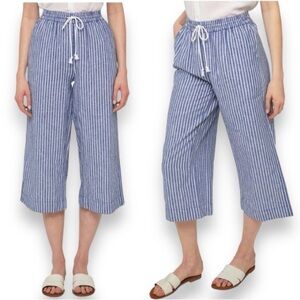 BeachLunchLounge Size Large Navy/White Stripe Pull-On Linen Blend Crop Pants